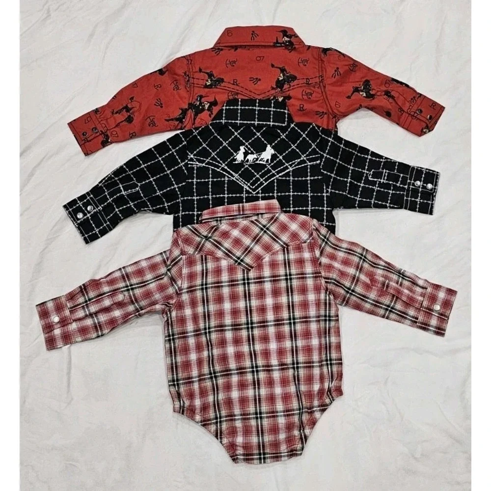 Cowboy Hardware & Wrangler Infant Bodysuit Lot Pearl Snap Two 6 mo & One 0-3 mo